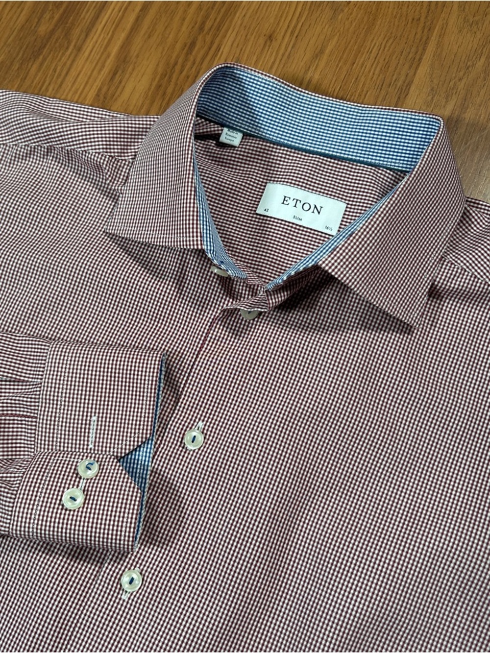 Eton Contemporary 16.5 42 Red Blue Gingham Dress Shirt Sweden